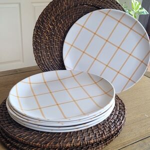 Elegant White and Yellow Plaid Dinner Plate Set With Rattan Chargers